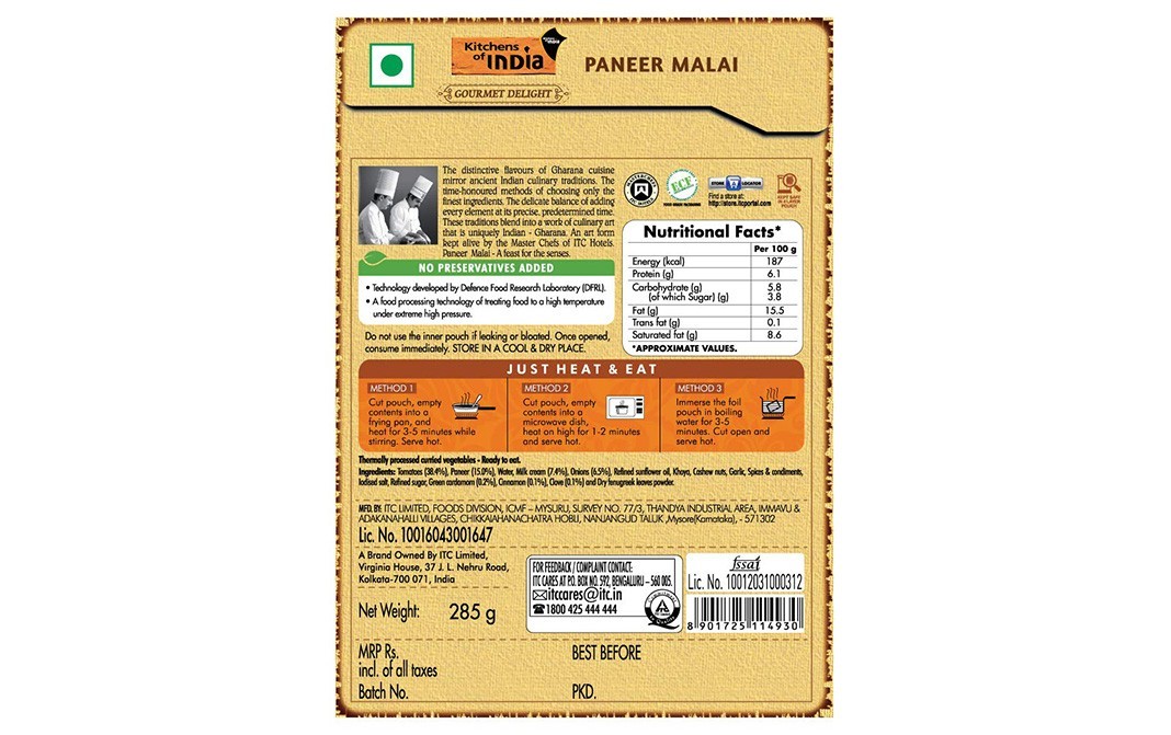 Kitchens Of India Paneer Malai    Box  285 grams